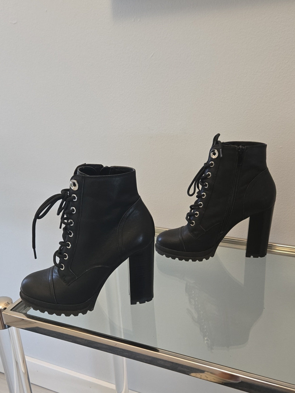 Aldo Black Lace-Up Chunky Heel Ankle Boots